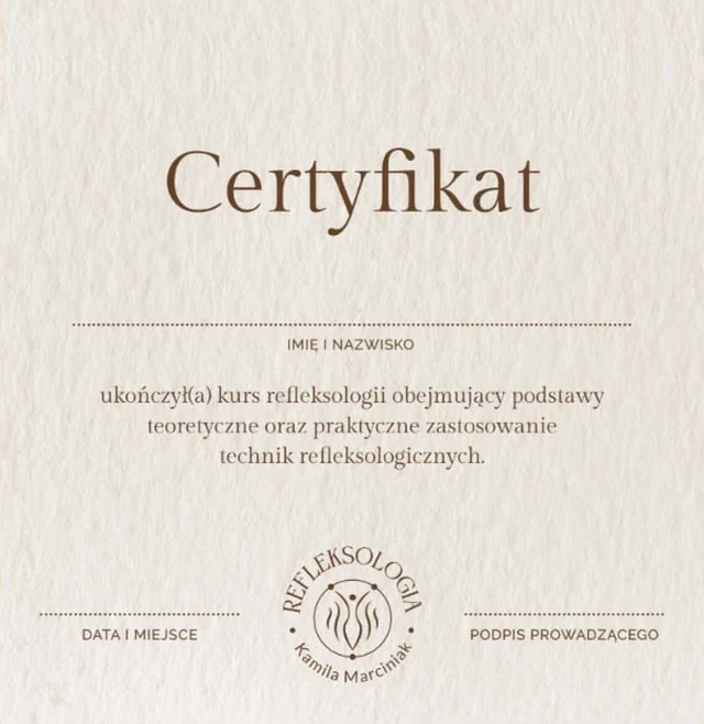 Certyfikat ukończenia kursu refleksologii holistycznej