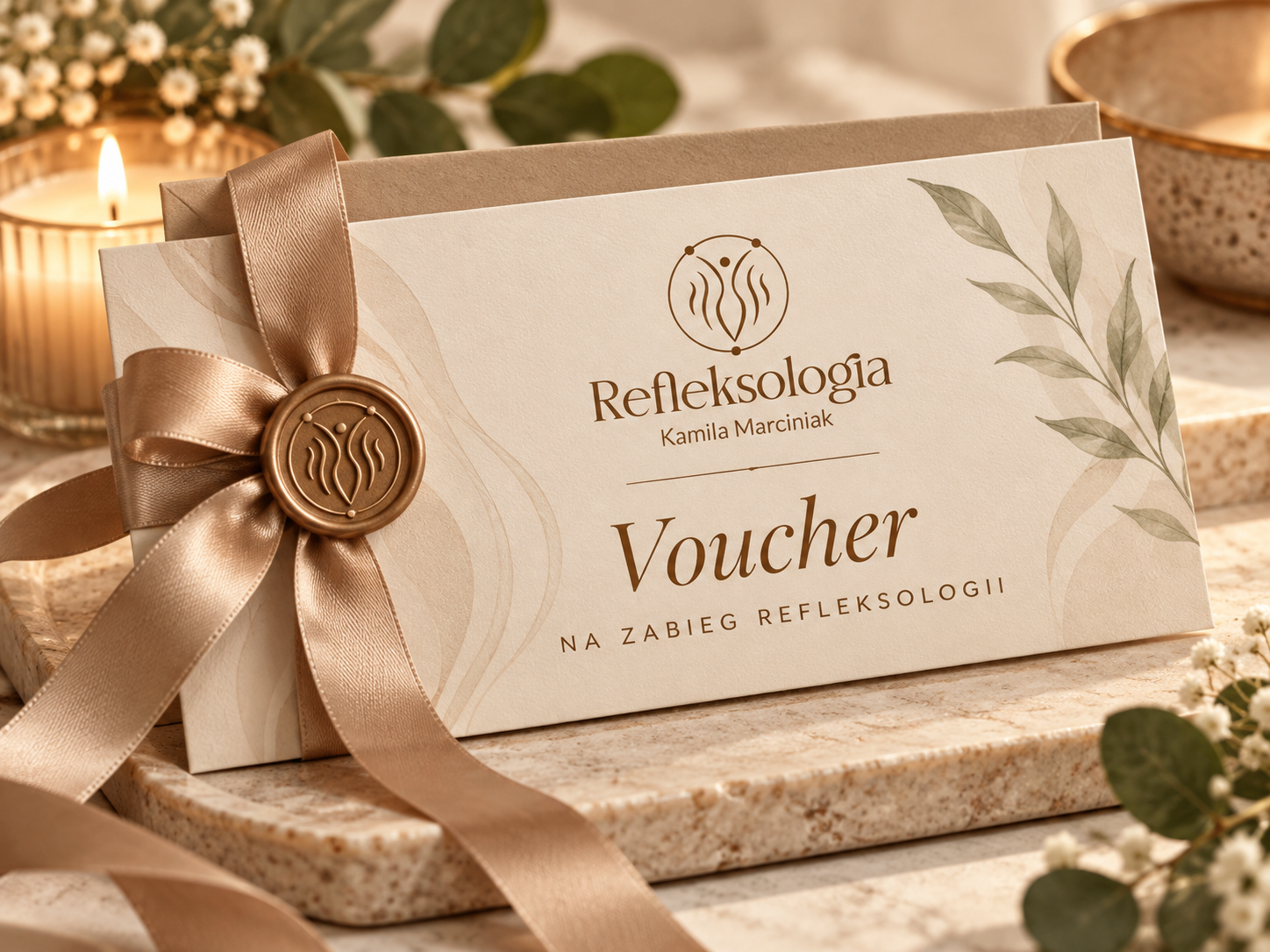 Voucher na zabieg refleksologii z ozdobną wstążką